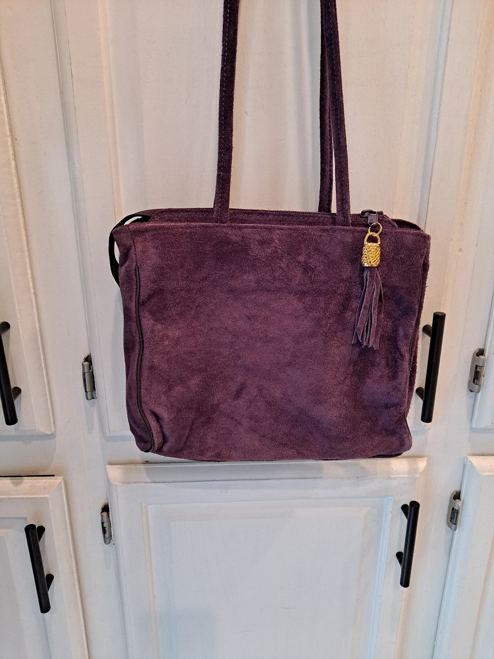 Purple Suede Tote Bag with Tassel Accent